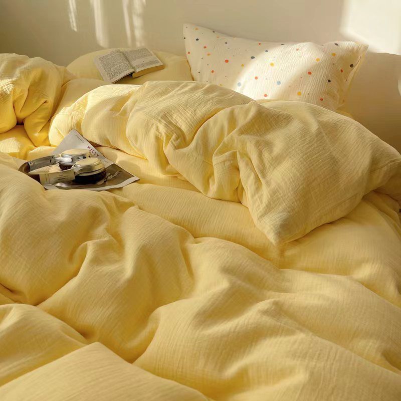 skin-friendly Soft Milk Tea Color Double Yarn Duvet Cover, Washed Cotton Four-piece Set, Bed Sheet Set Of Three_voghion.com