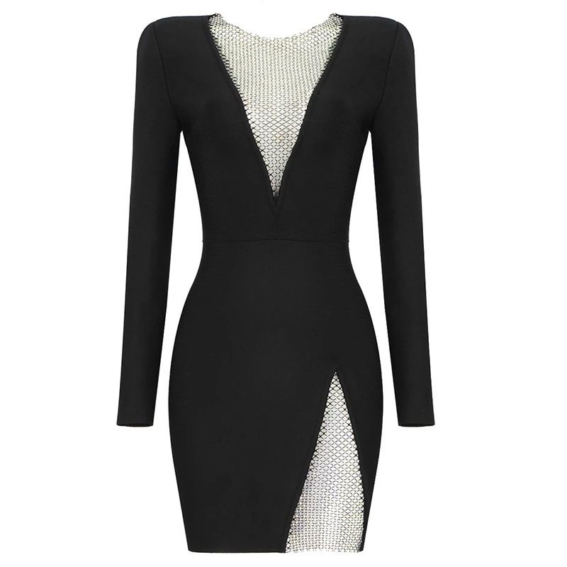 Damen Langarm Diamant Bandage Kleid Gesellschaftsabendmode Promi Kleid_voghion.com