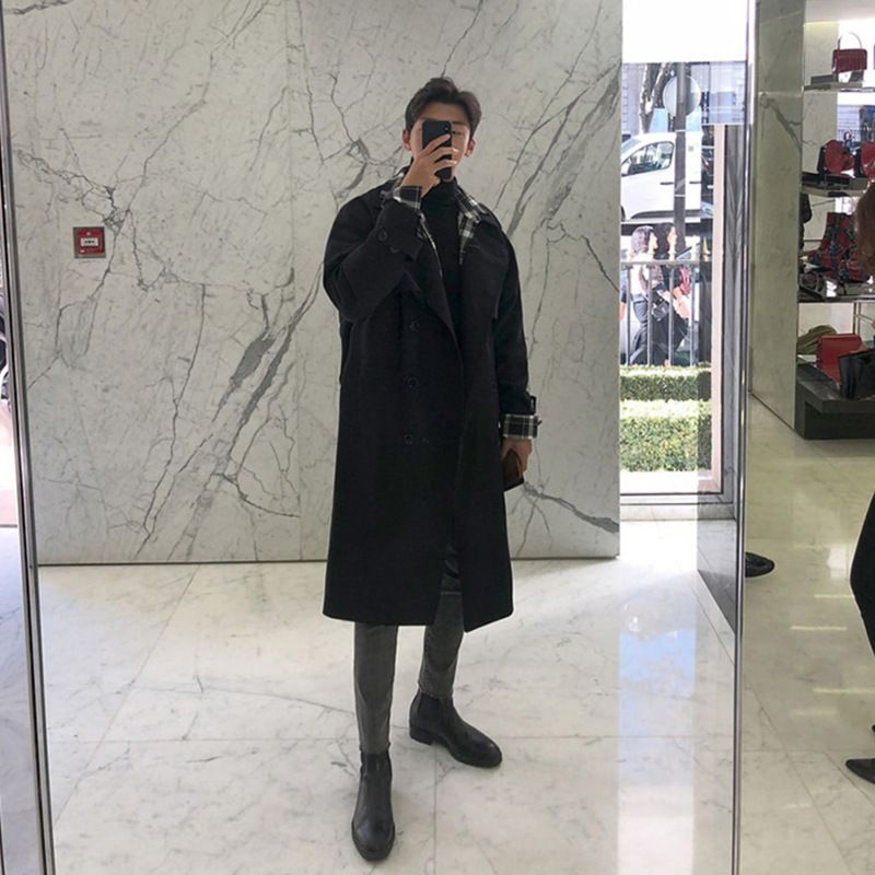 Autumn mid-length oversize windbreaker for men loose British style double breasted over the knee coat jacket for men_voghion.com