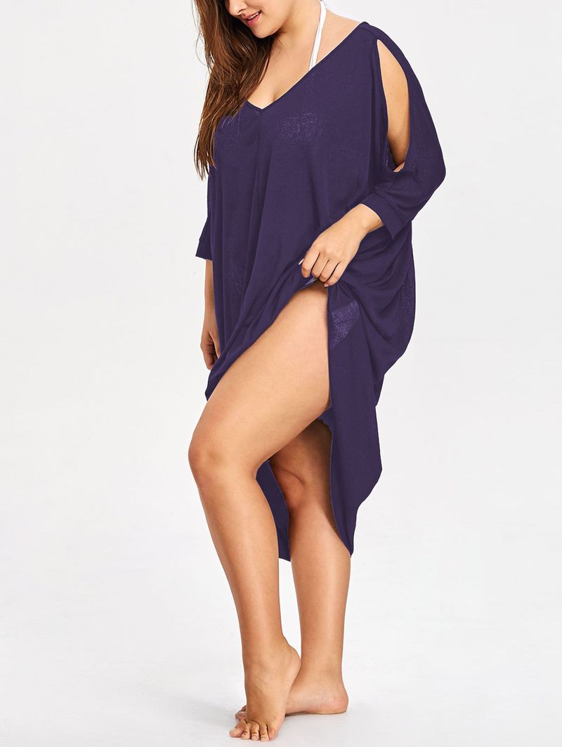 Abito da spiaggia copricostume da donna in tinta unita, con scollo a V e spalle scoperte, taglie forti_voghion.com