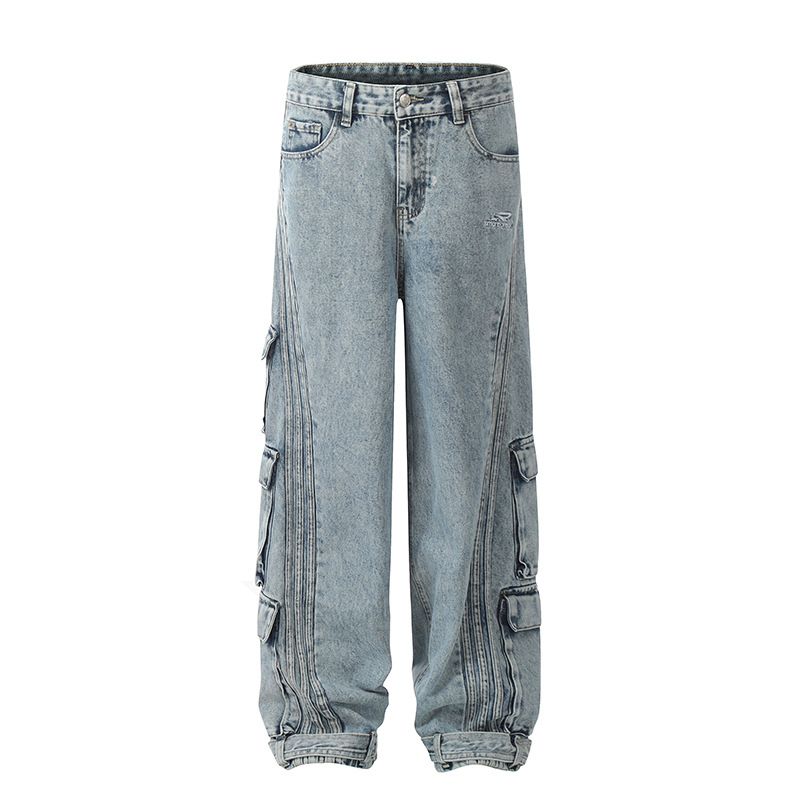 Vêtements pour hommes Jeans de travail multi-poches Jeans amples droits à jambes larges Pantalons de nettoyage décontractés pour couples Hip Hop_voghion.com