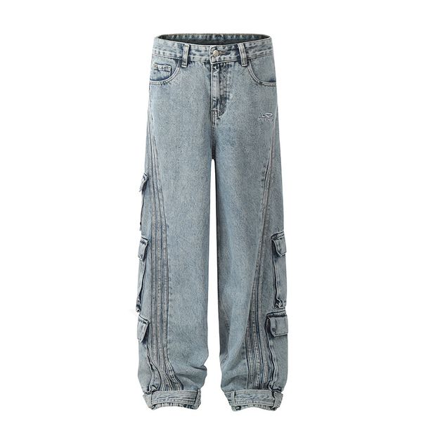 Vêtements pour hommes Jeans de travail multi-poches Jeans amples droits à jambes larges Pantalons de nettoyage décontractés pour couples Hip Hop_voghion.com
