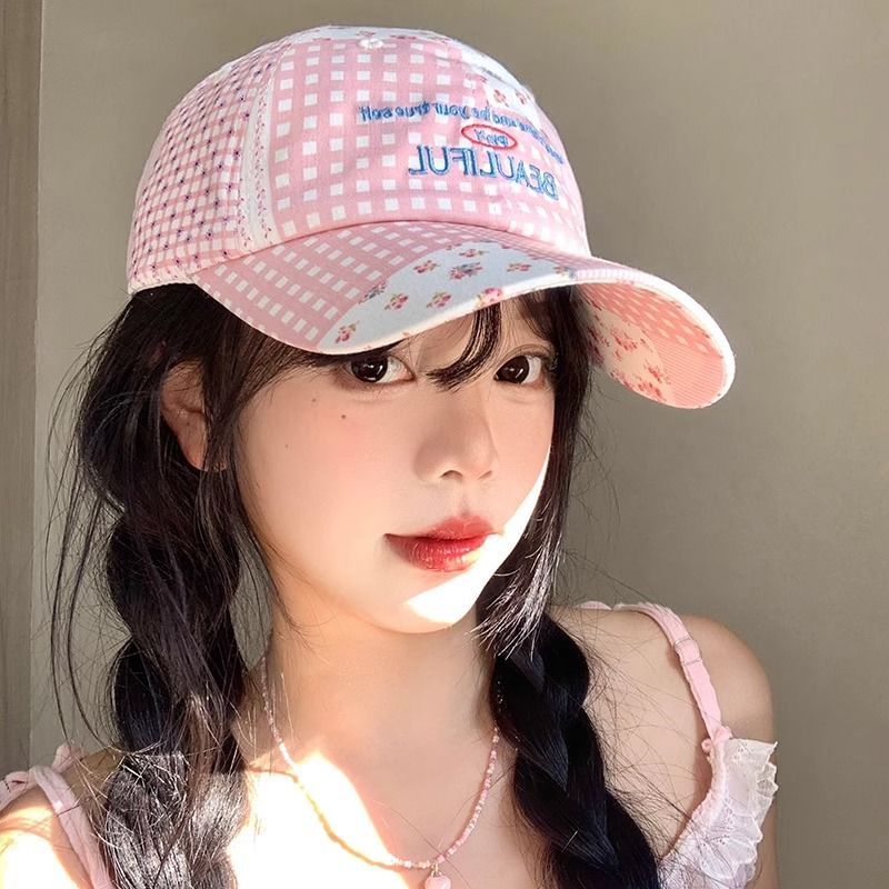 Dopamine Style Baseball Cap Women's Versatile Face Small Pink Plaid Splicing Cap Wide Brim Hat_voghion.com
