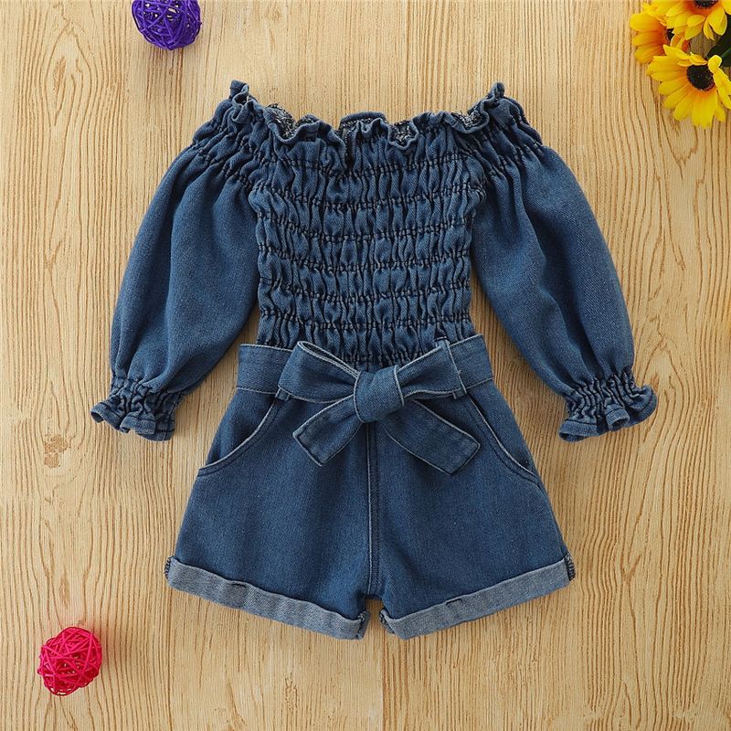 Girls' Romper Dark Blue Pleated Long Sleeve Bow Romper_voghion.com
