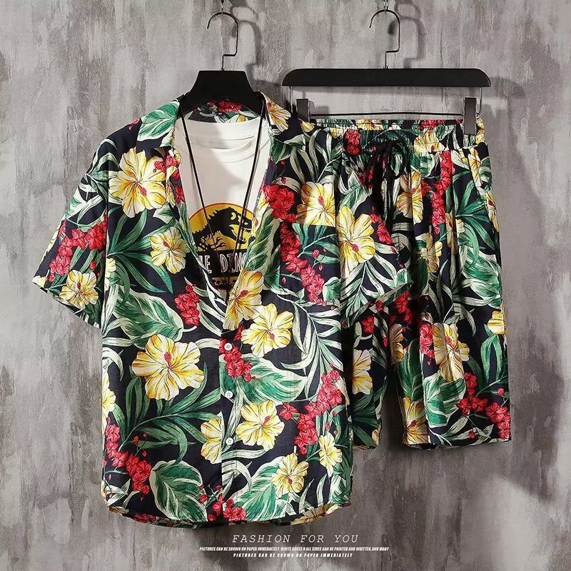 Men's Clothing Summer Beach Suit Men's Short Sleeved Floral Shirt Casual Sports Hawaii Couple Seaside Shorts Vacation Two Piece Suit_voghion.com