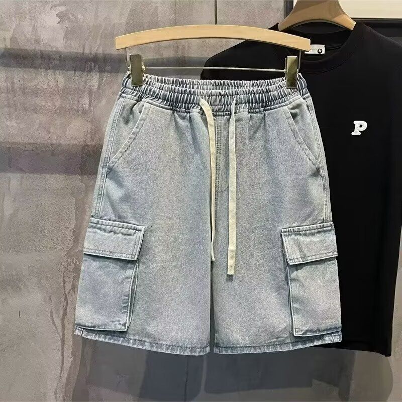 Trendy Men's Casual Workwear Denim Shorts, Summer Multi Mouth Bag, Elastic Waist, Work Wear Capris_voghion.com