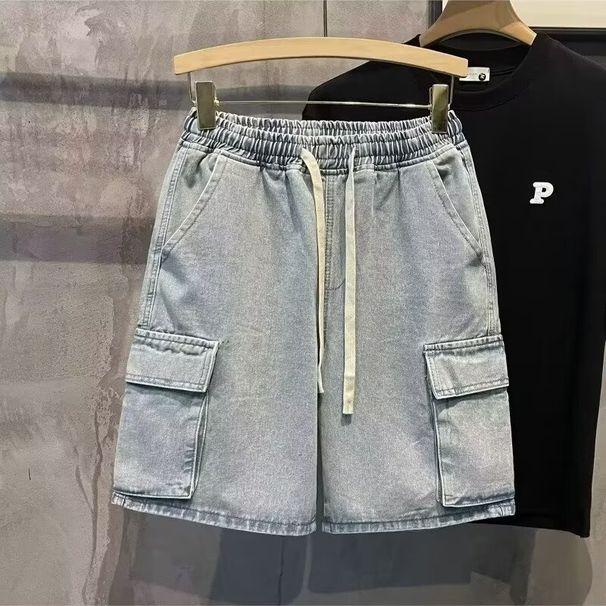 Trendy Men's Casual Workwear Denim Shorts, Summer Multi Mouth Bag, Elastic Waist, Work Wear Capris_voghion.com