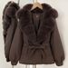 Piumino da donna con collo in pelliccia di volpe di alta qualità – Cappotto invernale di media lunghezza e vestibilità ampia (cachi, nero, bianco sporco, marrone, dalla S alla XXL)_voghion.com