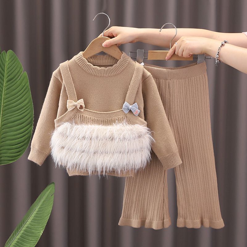Set aus Strickpullover und Schlaghose für Mädchen – Koreanischer Stil, 3–8 Jahre (90–130 cm), weiche Polyestermischung, Schleifenakzent, Beige/Pink/Khaki_voghion.com