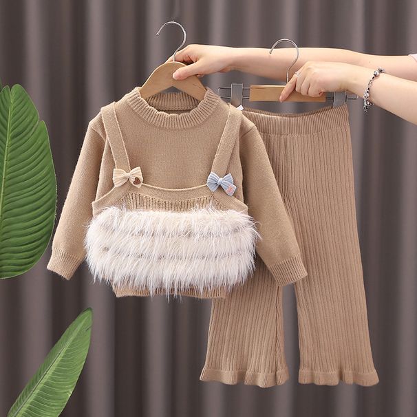 Set aus Strickpullover und Schlaghose für Mädchen – Koreanischer Stil, 3–8 Jahre (90–130 cm), weiche Polyestermischung, Schleifenakzent, Beige/Pink/Khaki_voghion.com