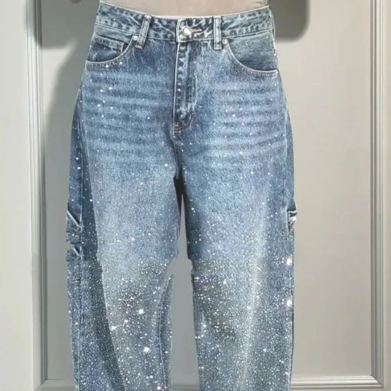 Ins Shiny Straight Jeans With Pockets Fashion Loose Wide-leg Pants For Women Street-style Trousers_voghion.com
