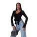 Damenbekleidung, Langarmbluse zum Binden vorne und Rüschensaum – Sexy V-Ausschnitt-Crop-Top für Damen, Slim Fit, Y2K-Ästhetik in Weiß und Schwarz_voghion.com
