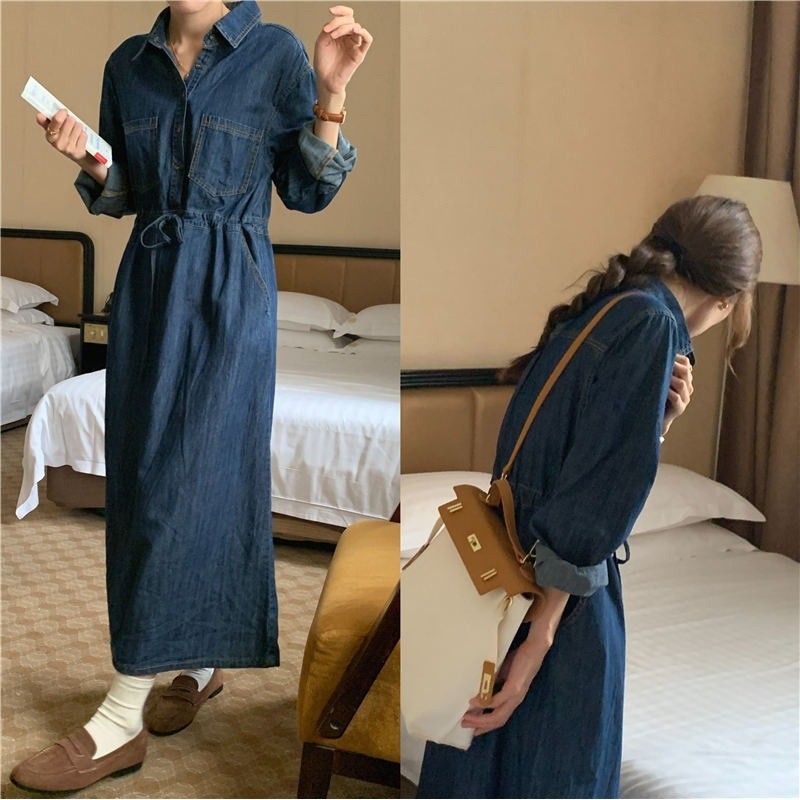 Korean Version Double Pocket Lapel Breasted Denim For Women, Drawstring Waist Tie, Water Washed Long A-Line Dress_voghion.com