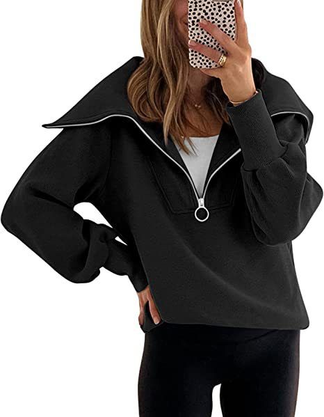 Women's zip-up sweatshirt with lapel long-sleeved shoulder pullover hoodie_voghion.com