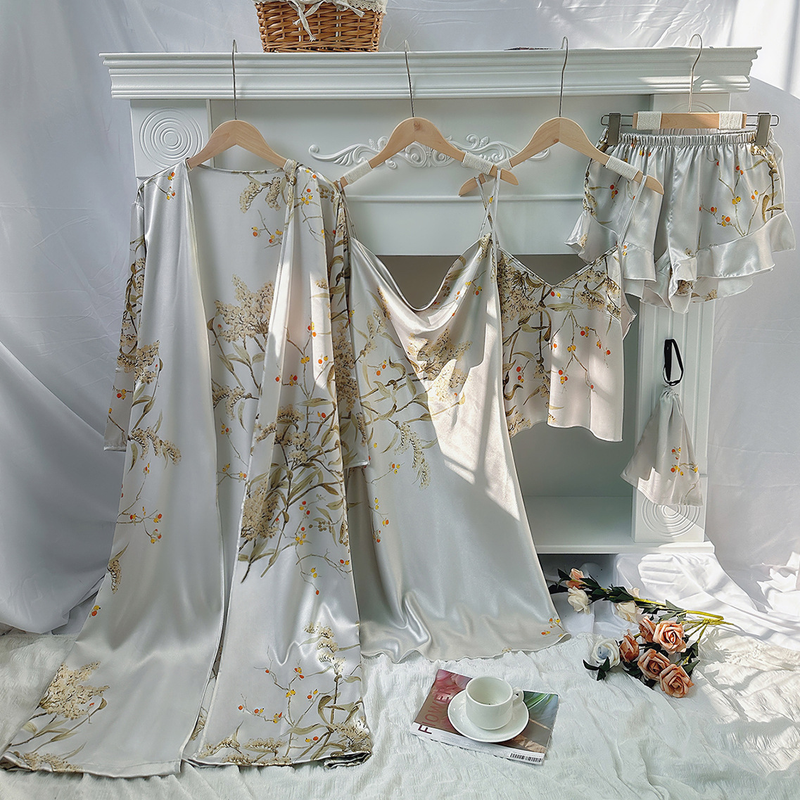 Minimalistisch gestaltetes fünfteiliges Nachtwäsche-Set mit Kirschmotiv | Dünnes Damennachthemd, Camisole-Shorts, Camisole-Rock, ein Must-have für Zuhause_voghion.com