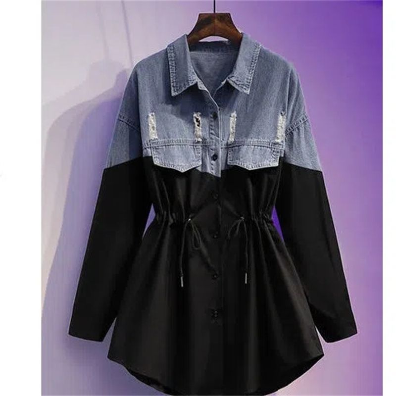 Chemise femme printemps 2022, nouvelle robe, veste en Denim, chemise d'épissure, faux deux pièces, jupes à cordon de serrage_voghion.com