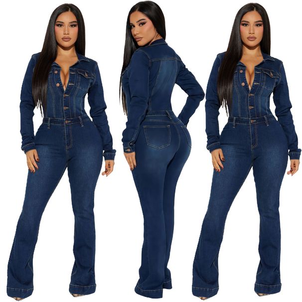Women's Clothing slim elastic flared washed long sleeved denim jumpsuit jumpsuit_voghion.com