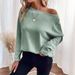 Maglietta a maniche lunghe da donna in maglia a nido d'ape con spalle scoperte – Top casual morbido ed elasticizzato per l'autunno, elegante pullover con scollo a U in nero, verde, beige_voghion.com