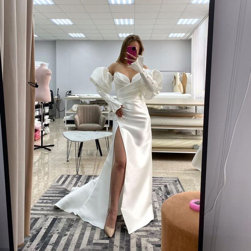 Women's slim-fitting floor-length tube top long-sleeved sexy slim-fitting toast dress banquet host bridesmaid dress_voghion.com