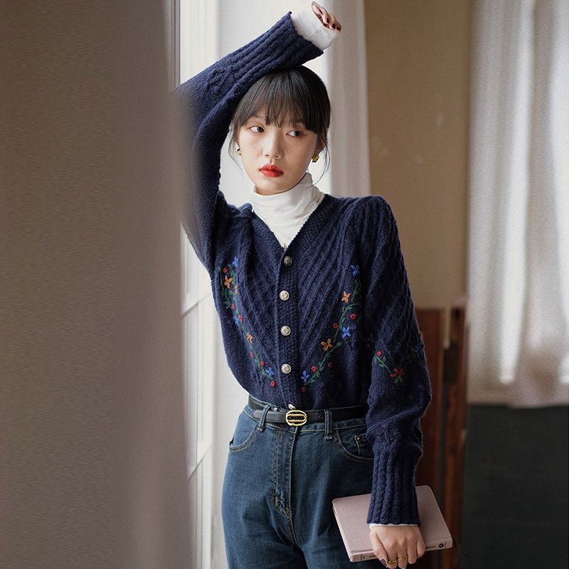 Bestickte Häkel-Retro-Pulloverjacke, Weiblichkeit, französischer kurzer Strickcardigan_voghion.com