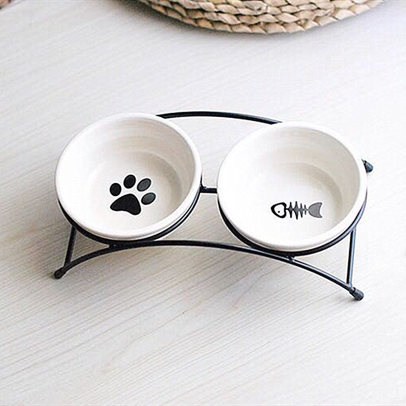 ELITE Eli Pet Ceramic Bone Footprint Iron Frame Double Dog Cat Bowl Universal Non slip_voghion.com