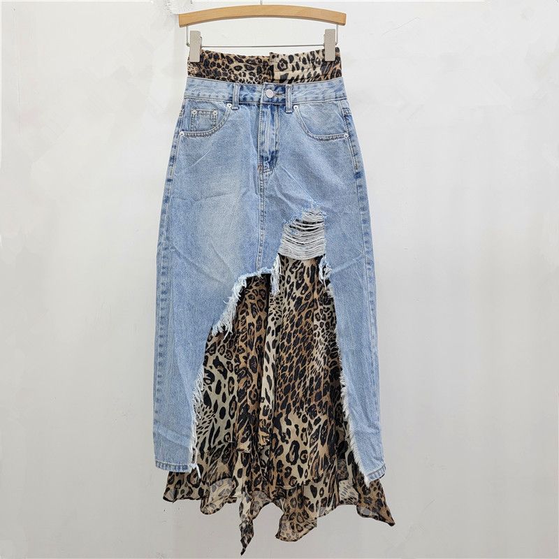 Women's Clothing Denim leopard print patchwork two piece skirt autumn new product slim fit hot girl style skirt for women_voghion.com