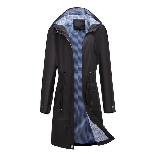 Vêtements femme coupe-vent long décontracté femme imperméable à capuche dessus de couleur unie doublure rayée veste droite_voghion.com