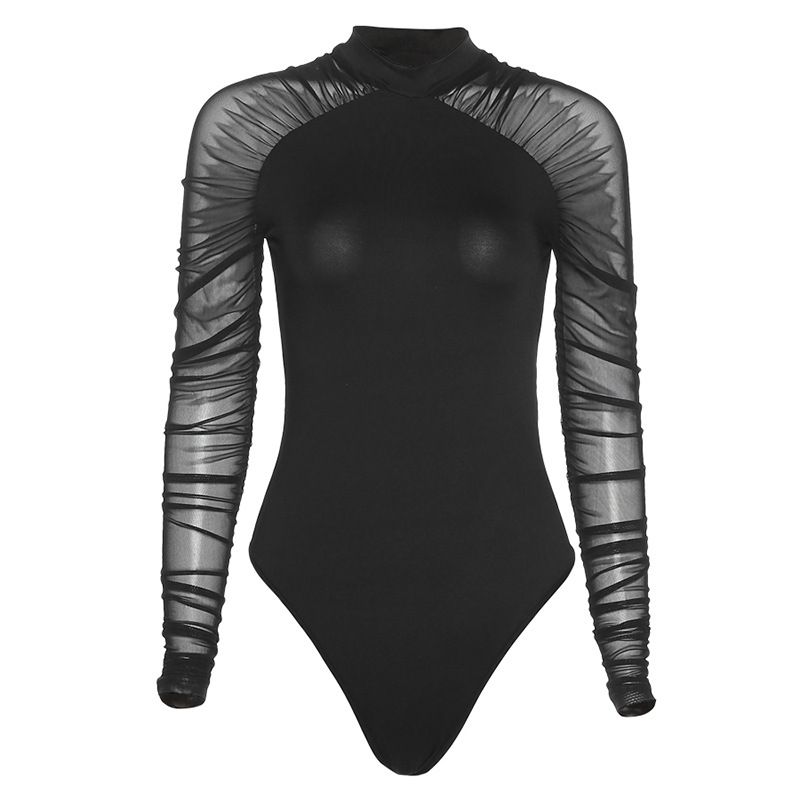 Női szexi kerek nyakú, hálós, hosszú ujjú, karcsú, egyszínű, vékony body, divatos felsők_voghion.com