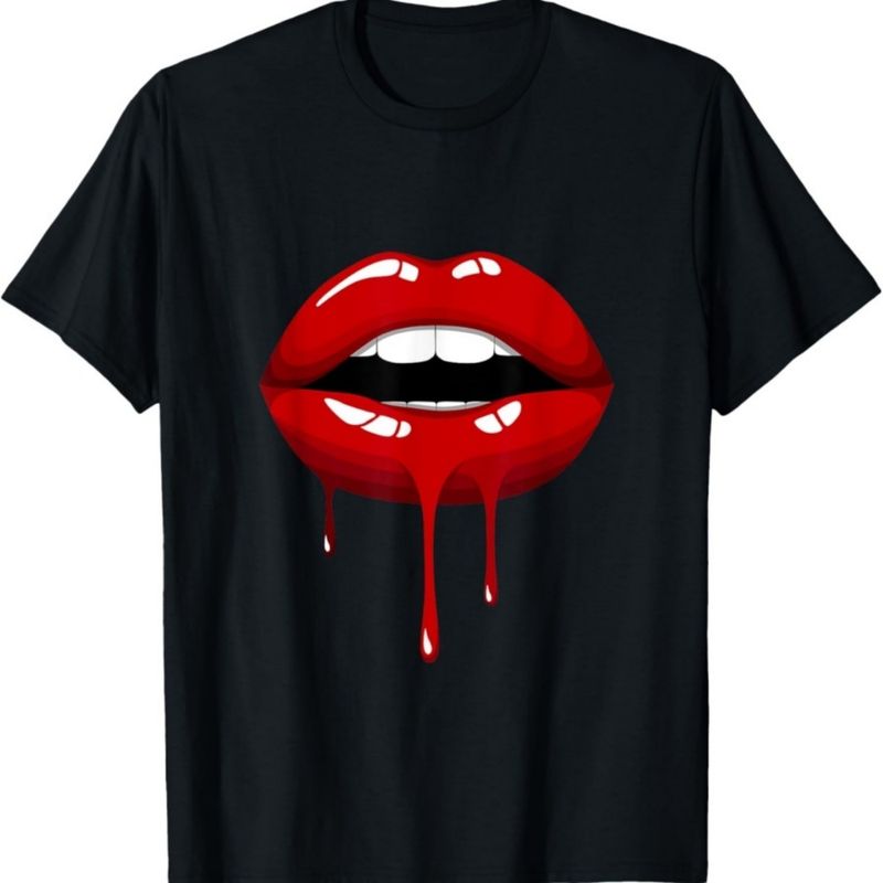 Cooles, modisches T-Shirt mit kurzen Ärmeln und Grafikdesign mit roten Lippen für Damen._voghion.com