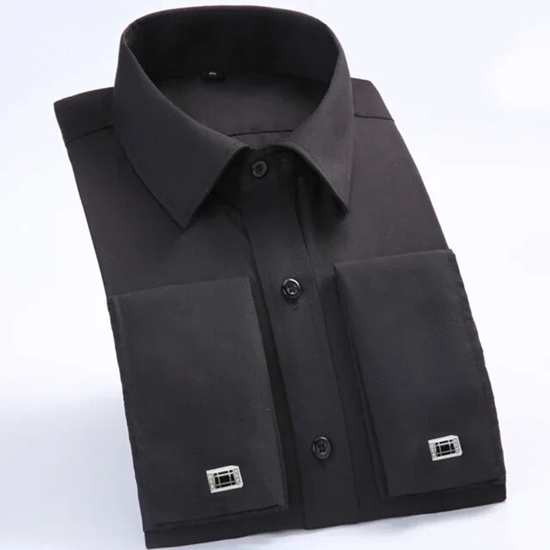 2024 Men's Classic French Cuffs Striped Dress Shirt Single Patch Pocket Cufflink Included Long Sleeve Wedding Shirts_voghion.com