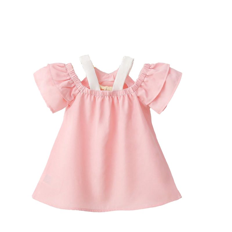 Summer Children's Solid Doll Neck Off Shoulder Double Layer Lotus Leaf Short Sleeve Elegant A-line Girl's Dress_voghion.com