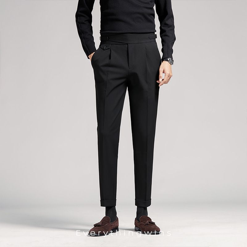 Ropa para hombre Pantalones Nápoles Pantalones de nueve puntos para hombre Pantalones de traje de talle alto informales de negocios negros drapeados ajustados para primavera y verano_voghion.com