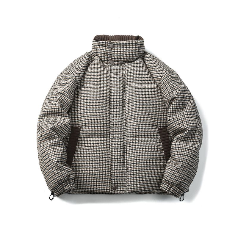 Retro Houndstooth Puffer Jacket – 550FP Duck Down Coat (Unisex, Stand Collar, -20°C Proof, Anti-Static Lining, M-XXL)​_voghion.com