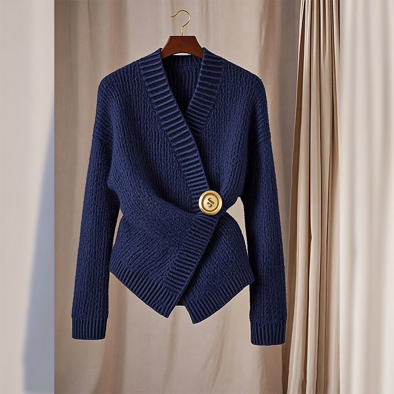 Damenbekleidung Weicher, wachsartiger Pullover High-End-Temperament Taille Enges Oberteil High-End Super gut aussehender tibetblauer Strickpullover für Damen_voghion.com