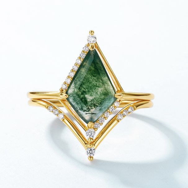 Anello di agata naturale di erba d'acqua di lusso di luce atmosferica Anello di indice impilabile in pietra di muschio verde in argento S925 Personalizzazione_voghion.com