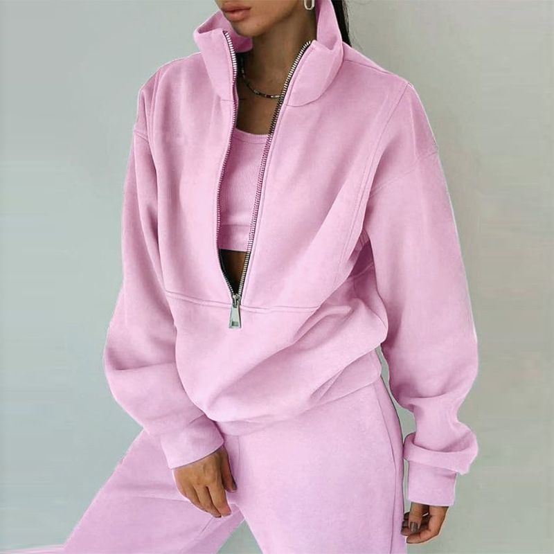 Damen-Sets mit neuem Reißverschluss-Fleece-Pullover, Sportmode, lässigem Mantel und Hose_voghion.com