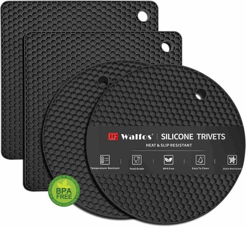 Silicone Trivet Mats - 1Heat Resistant Pot Holders, Multipurpose Non-Slip Hot Pads For Kitchen Potholders, Hot Dishers, Jar Opener, Spoon Holder, Food Grade Silicone & BPA Free (Black)_voghion.com