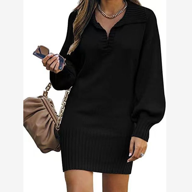 Damen-Pulloverkleid mit Reverskragen, Laternenärmeln, gestricktes einfarbiges langes Kleid_voghion.com