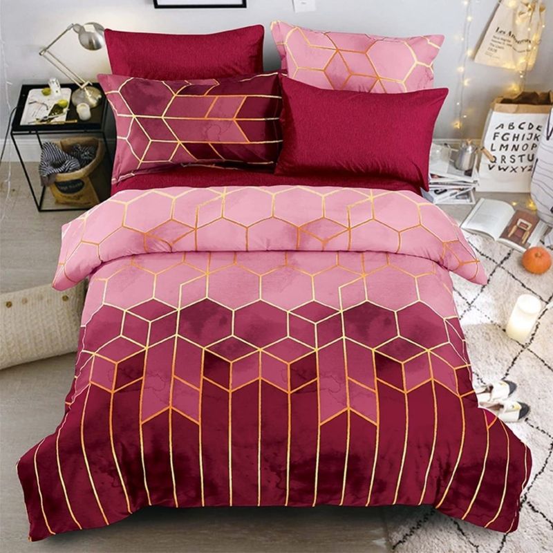 Set di tre pezzi Rolnie con elemento geometrico in fibra morbida, stile di lusso leggero, linea dorata, copripiumino, set di biancheria da letto_voghion.com