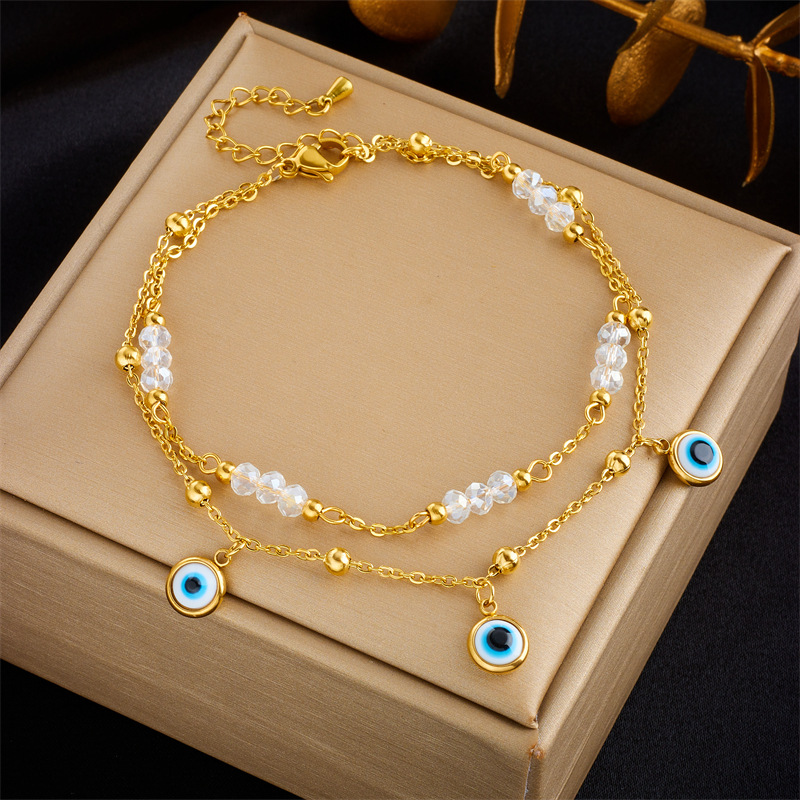 European and American fashion simple beach style Turkish blue eye pendant beaded chain titanium steel multi-layer stacking anklet_voghion.com