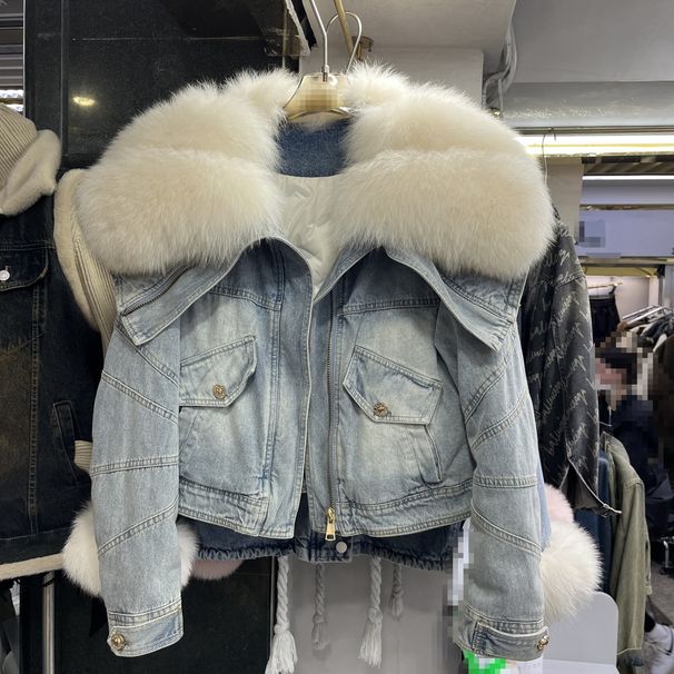 Clothing Winter New Large Collar Fox Denim Fur Jacket Women's Thick Lined Parka_voghion.com