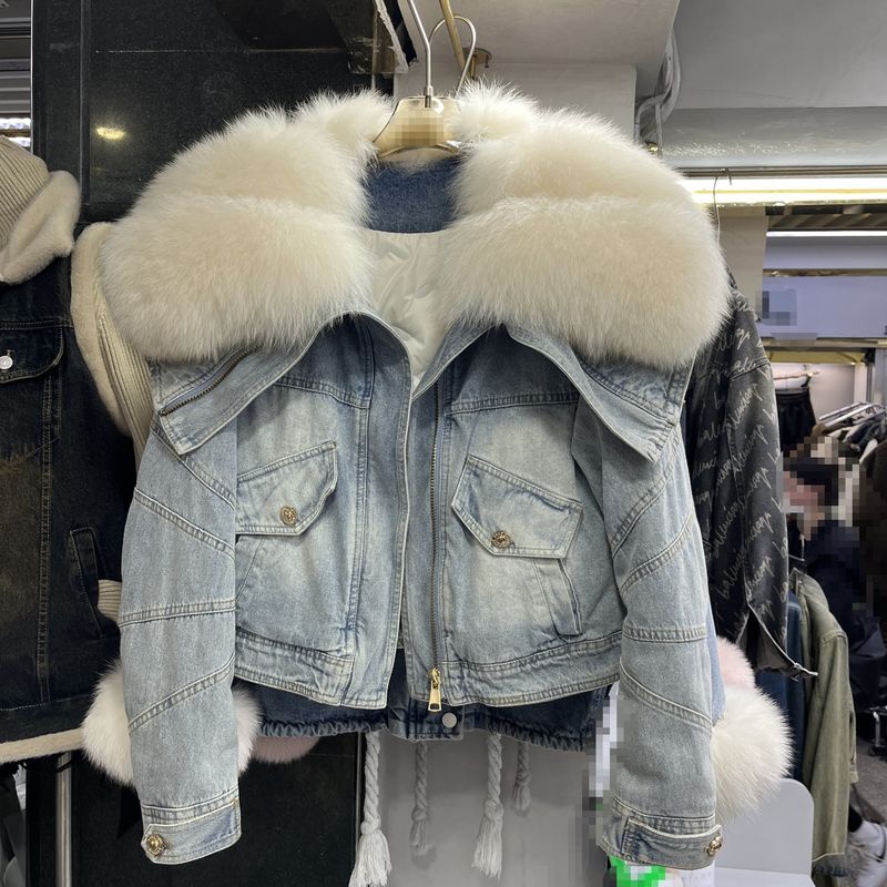 Women's Clothing Winter Women's New Large Fur Collar Fox Fur Denim Fur Jacket Women's Thick Lined Parka_voghion.com