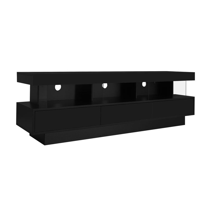 160*38*50,5 Cm Schwarzer Hochglanz-TV-Ständer Mit 3 Glasablagen, LED-Beleuchtung, App-Steuerung, Bluetooth-Konnektivität Für 70-Zoll-Fernseher_voghion.com