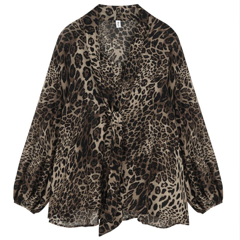 V-Ausschnitt Leopardenmuster Chiffon Bluse Damen Sommer Langarmshirt Loose Fit Boho Style Sonnenschutz Top_voghion.com