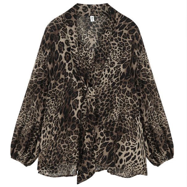 V-Ausschnitt Leopardenmuster Chiffon Bluse Damen Sommer Langarmshirt Loose Fit Boho Style Sonnenschutz Top_voghion.com