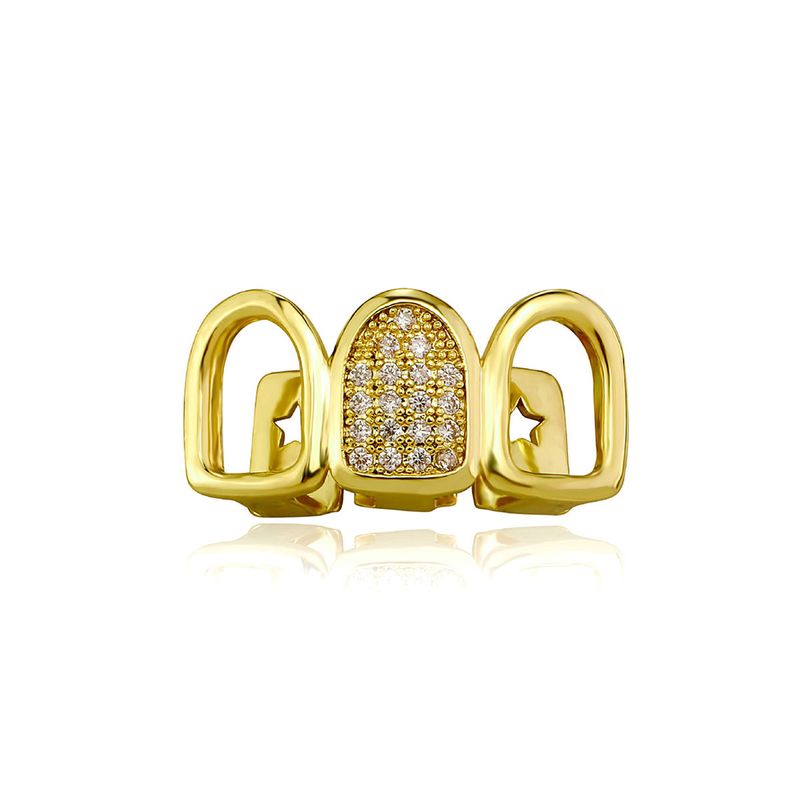 Denti superiori e inferiori placcati in oro, apparecchio per denti a forma di cuore cavo, 3 pezzi, oro lucido, hip-hop_voghion.com