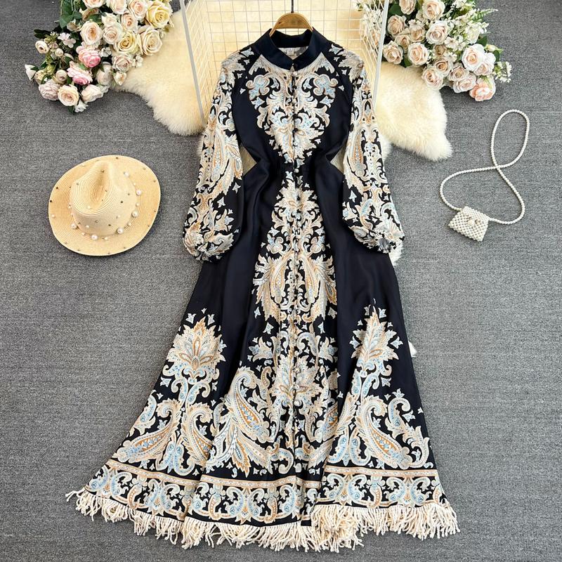 Robe trapèze imprimée à franges, style palais rétro, col simple boutonnage, jupe longue élégante pour femmes_voghion.com