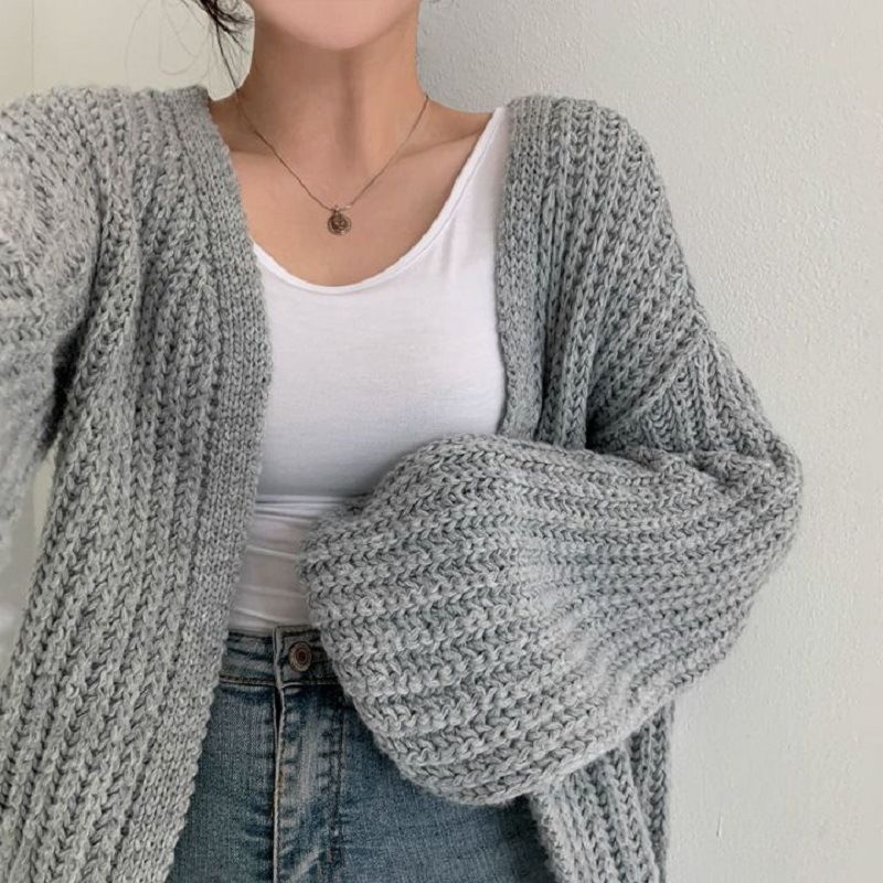 Women's Oversized Knit Cardigan With Lantern Sleeves, Chunky Cable Knit, Soft Acrylic Blend, Cozy Loungewear, Fall Winter Fashion_voghion.com