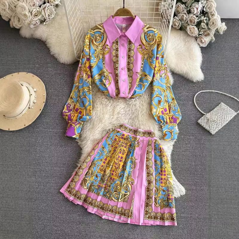 Abbigliamento da donna, camicia a maniche lunghe con stampa retrò, gonna a pieghe a vita alta, camicetta a maniche lunghe con stampa floreale vintage, gonna a pieghe a vita alta_voghion.com