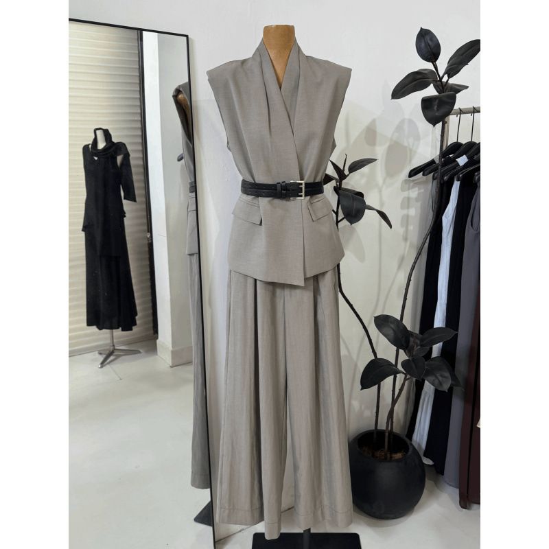 NUNBAI Damen-Set aus ärmelloser Weste und Hose im französischen Stil mit weitem Bein – atmungsaktive Acrylmischung, Taillengürtel, lässiges Büro- und Sommeroutfit_voghion.com